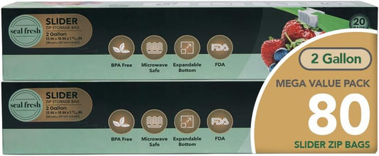 2 Gallon Slider Storage Bags 240 Pack — Jumbo Reusable Freezer Bags with Expandable Bottom, BPA Free, Microwave Safe, Clear Heavy Duty Bags