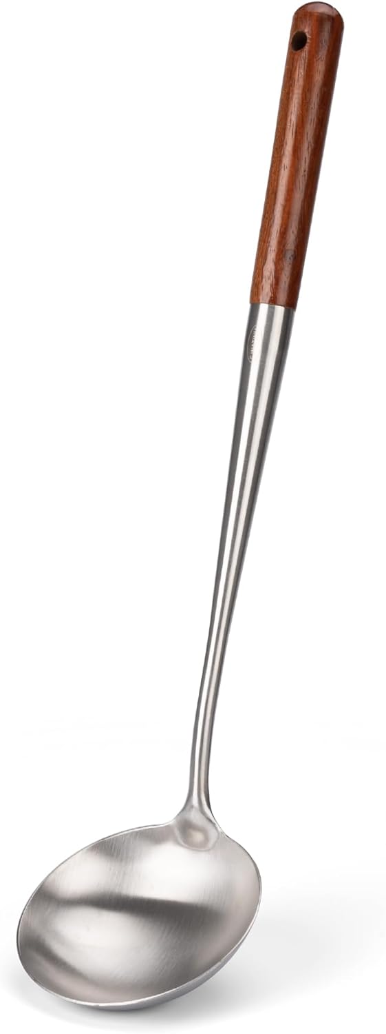 FJNATINH Soup Ladle, Stainless Steel Cooking Ladle for Soup Sauces, Kitchen Ladle Spoon with Heat-proof Wooden Handle, Easy to Clean