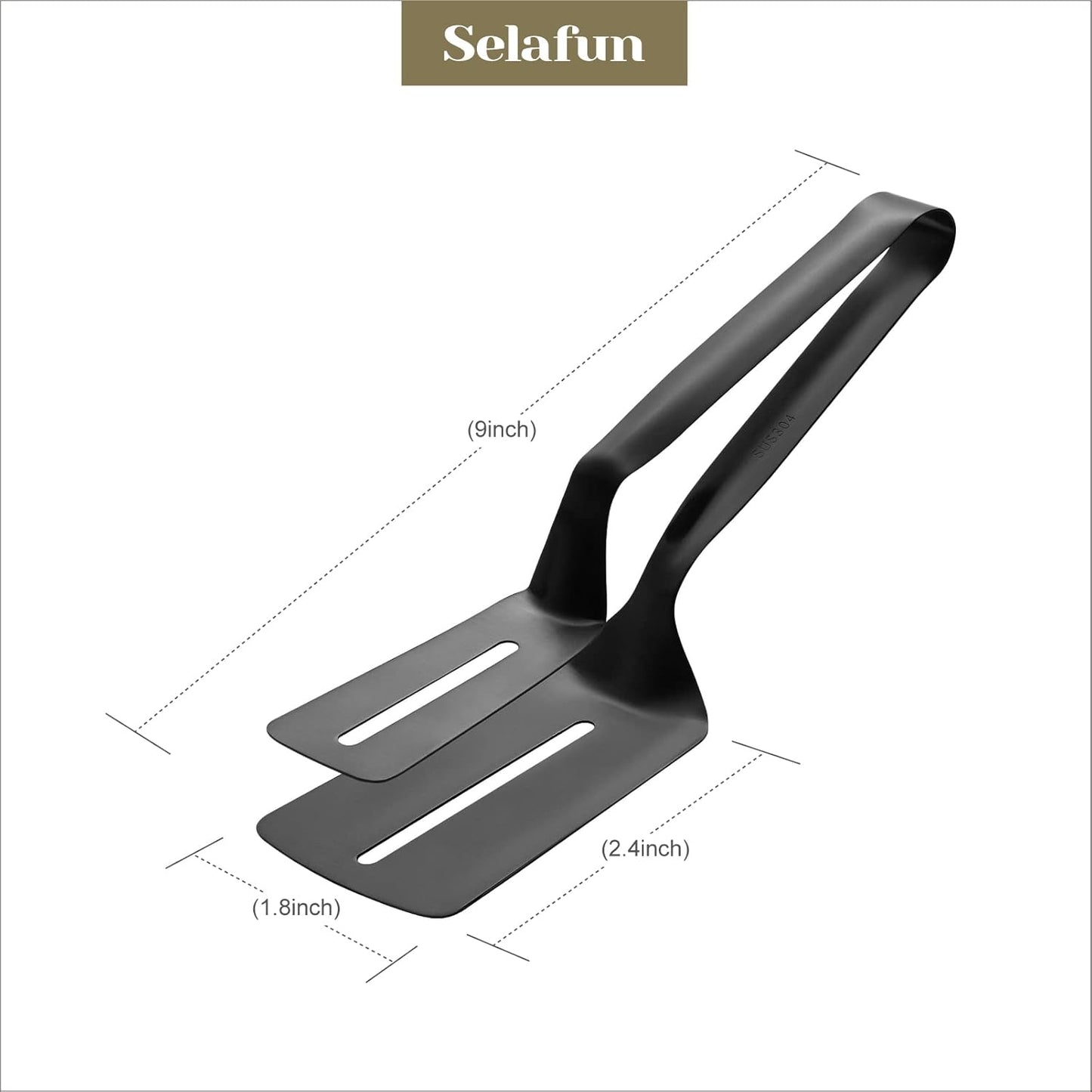 Kitchen Tongs Steak Clamp Bread Tongs 10 inch Double Spatula Tongs Clip Pizza Clamp Stainless Slotted Multi-Function Food Flipping for Bread Eggs BBQ Hamburgers Patties Pancakes (1, Matte Black)