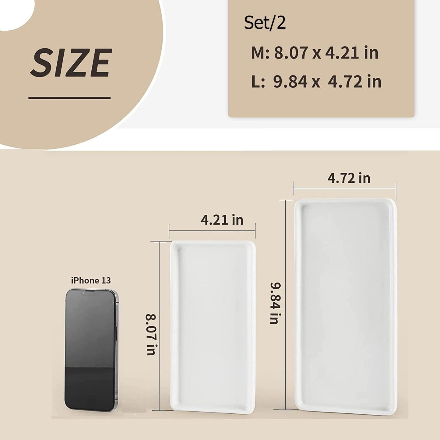 Gurygo 2 Pack 8"/10" Bathroom Trays, Ceramic Vanity Trays for Bathroom, Small Ceramic Tray, Kitchen Soap Tray for Kitchen Counter (White,Set/2)