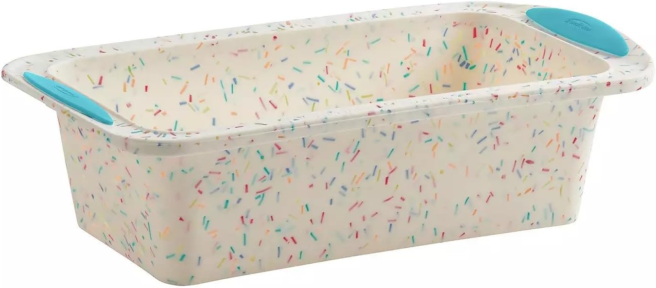 Trudeau Structure Silicone Loaf Pan with Steel Rim, 8.5 x 4.5, Nonstick Bakeware, White Confetti with Blue Base, BPA-Free, Oven Safe to 428°F, Dishwasher Safe