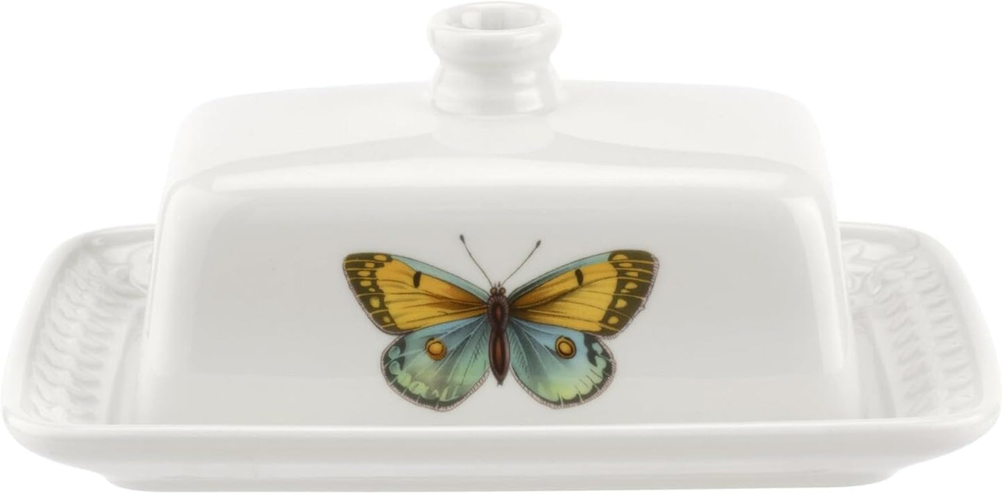 Portmeirion Botanic Garden Harmony Covered Butter Dish, 7.5 Inch - Porcelain Butter Keeper with Butterfly Motif - Dishwasher, Microwave, Freezer, Oven Safe - Vintage Inspired Kitchenware