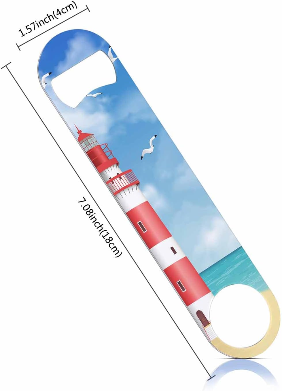 Lighthouse Stainless Steel Bottle Opener Cartoon Beach Seagull Realistic Tower Sky Sea Cloud Beautiful Scenery Flat Beer Bottle Opener Keychain for Home Kitchen Bar Restaurant Party Gift