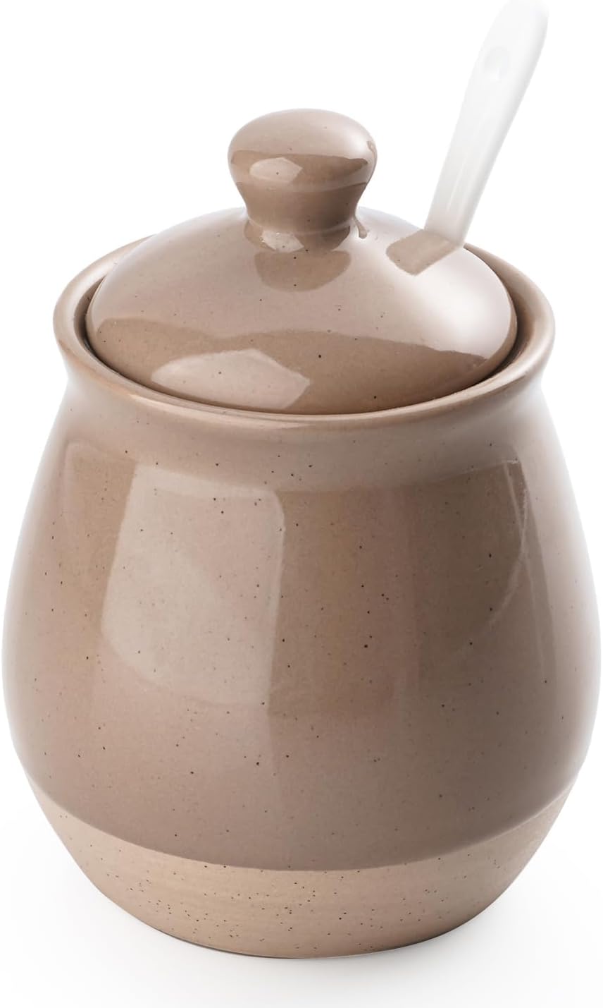 famiware Milkyway Sugar Bowl with Lid and Spoon, 10oz Ceramic Sugar Jar/Pot/Dispenser for Salt, Condiments, Spice, Seasonings, Sugar Container for Coffee Bar, Kitchen, and Countertop, Cinnamon Brown