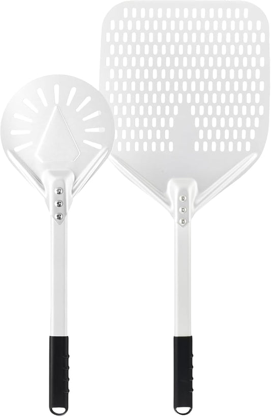 14 Inch + 7 Inch Perforated Pizza Peel Set, Pizza Turning Peel with Metal Handle, Pizza Spatula Paddle for Homemade Pizza Oven Accessories