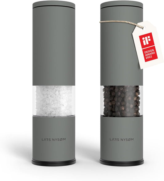 LARS NYSØM Salt and Pepper Grinder Set Manual, Stainless Steel Salt and Pepper Mills with Adjustable Ceramic Grinder I Design Spice Shakers (Ash Gray)