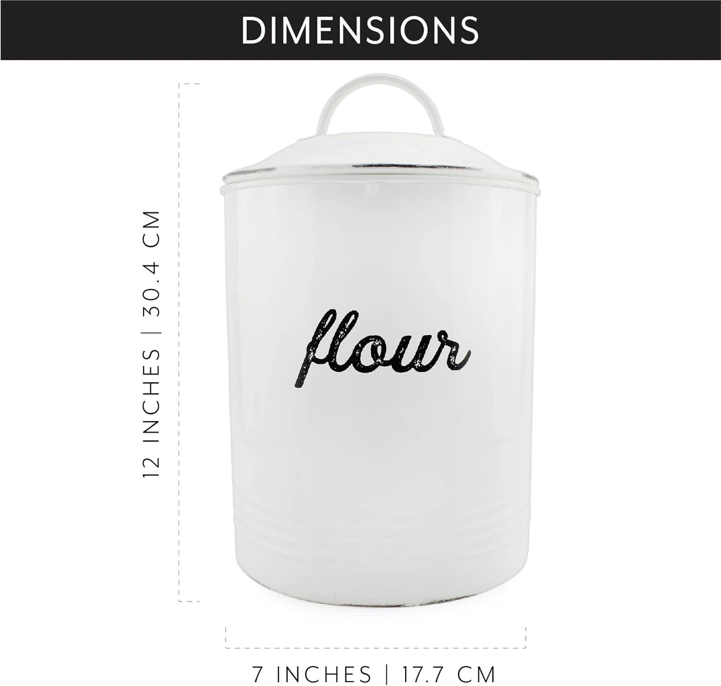 AuldHome Design Enamelware White Flour Canister; Rustic Distressed Style Staples Storage for Kitchen