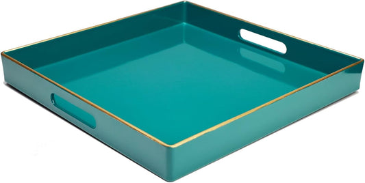 Spsyrine Green Decorative Serving Tray with Handles, 13" X 13" Square Plastic Coffee Table Tray for Ottoman, Living Room, Bathroom, Home Decor.