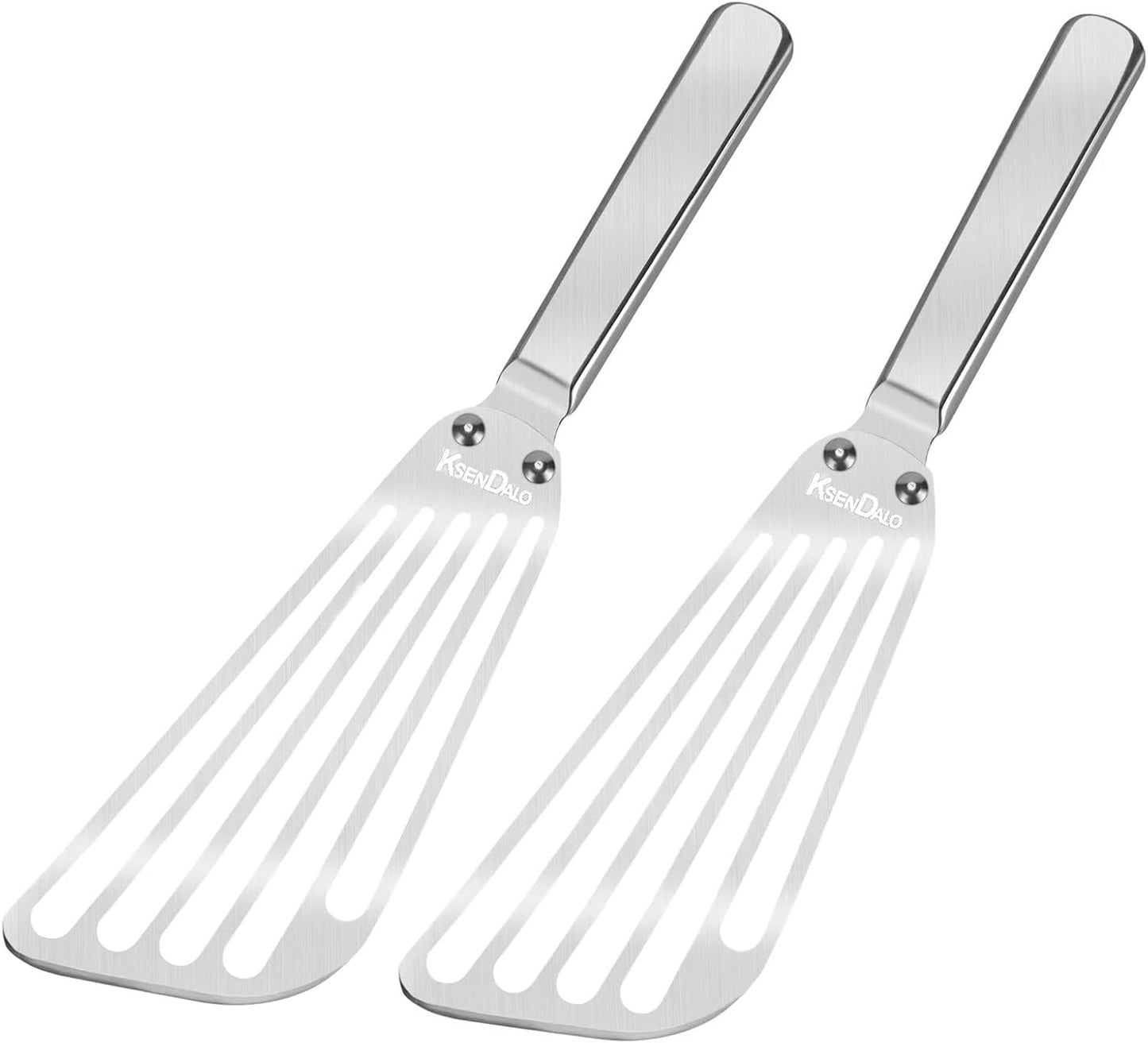 KSENDALO Flexible Fish Spatula Stainless Steel -Slotted Thin Egg Flipper with Riveted Handle, Angled Blade & Hollow Grip, Metal Turner for Cooking Fish Egg Pancakes (2 pack)