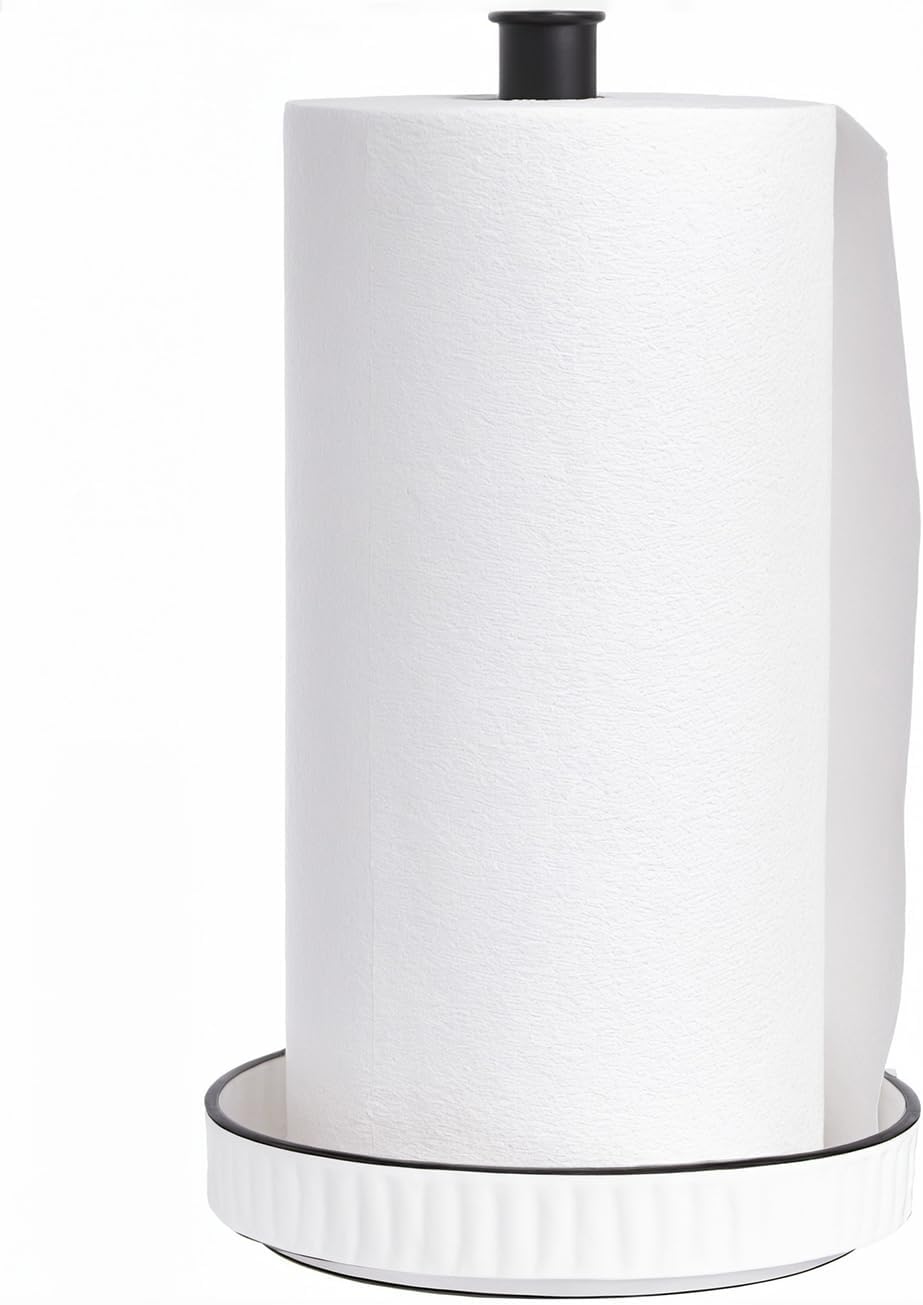 VROOMIUM Black Paper Towel Holder Countertop, Ceramic Base Easy-to-Clean, 1.4 lbs, 7" B x 12.5" H, Stable Elegant and Durable Kitchen Roll Stand