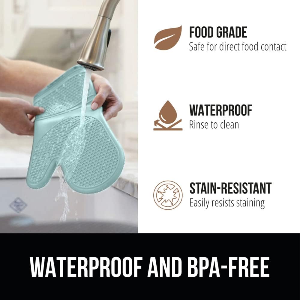 GORILLA GRIP BPA-Free Soft Silicone Oven Mitts, 14.5x8.3, Heat Resistant and Waterproof Cooking Gloves, Thick Cotton Lining, Flexible Gripping for Baking Grilling, Kitchen Potholders Set of 2, Mint