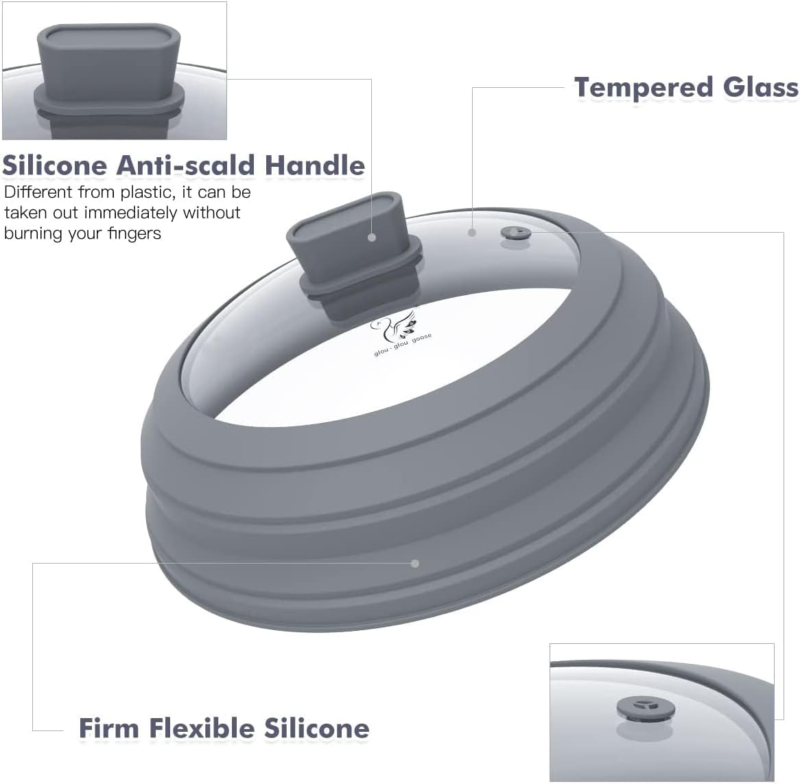 Microwave Splatter Cover Glass Splatter Guard Lid with Collapsible Silicone for Food Pot Plate Cover 10.8 inch Light Grey