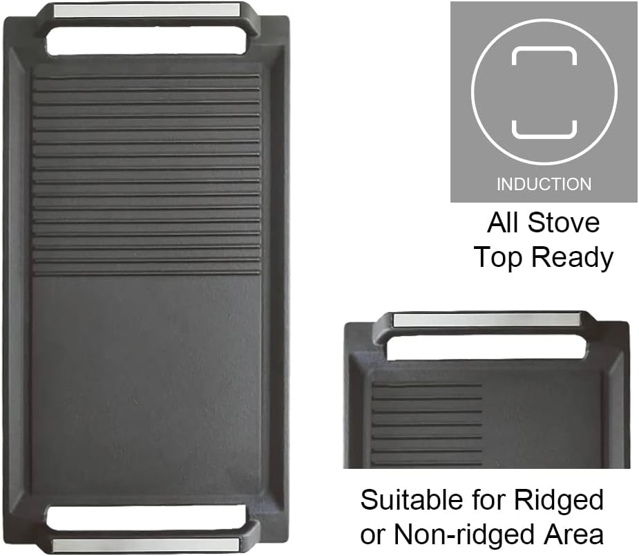 COVERCOOK Griddle Pan, Cast Iron Grill Hot Plate, Rectangular Grill, 2 handles with Flat and Ridged Surface for Induction Electric Cooktop，16.7 x 9.1inch