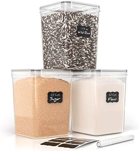 Simply Gourmet Airtight Flour and Sugar Containers with Lids – 3 Piece Kitchen Pantry Organization Set, BPA-Free Clear Plastic, Stackable Canisters for Baking Ingredients, Rice, Snacks, Cereal