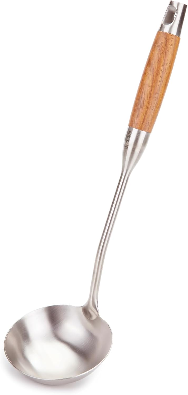 FJNATINH Soup Ladle, 13.7inches Ladle for wok, 304 Stainless Steel wok spatula,Wooden Handle