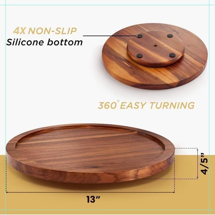 13" Acacia Wood Lazy Susan Organizer for Cabinet - Round Lazy Susans Turntable for Countertop - Wooden Kitchen Rotating Storage Food Bin Container for Centerpiece Table, Spices, Pantry