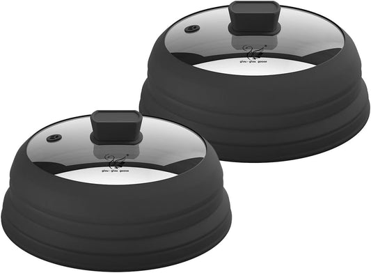 Microwave Splatter Cover Glass Cover Splatter Guard Lid with Collapsible Silicone for Food Cover Plate Cover 10.8 inch 2 Pack Black