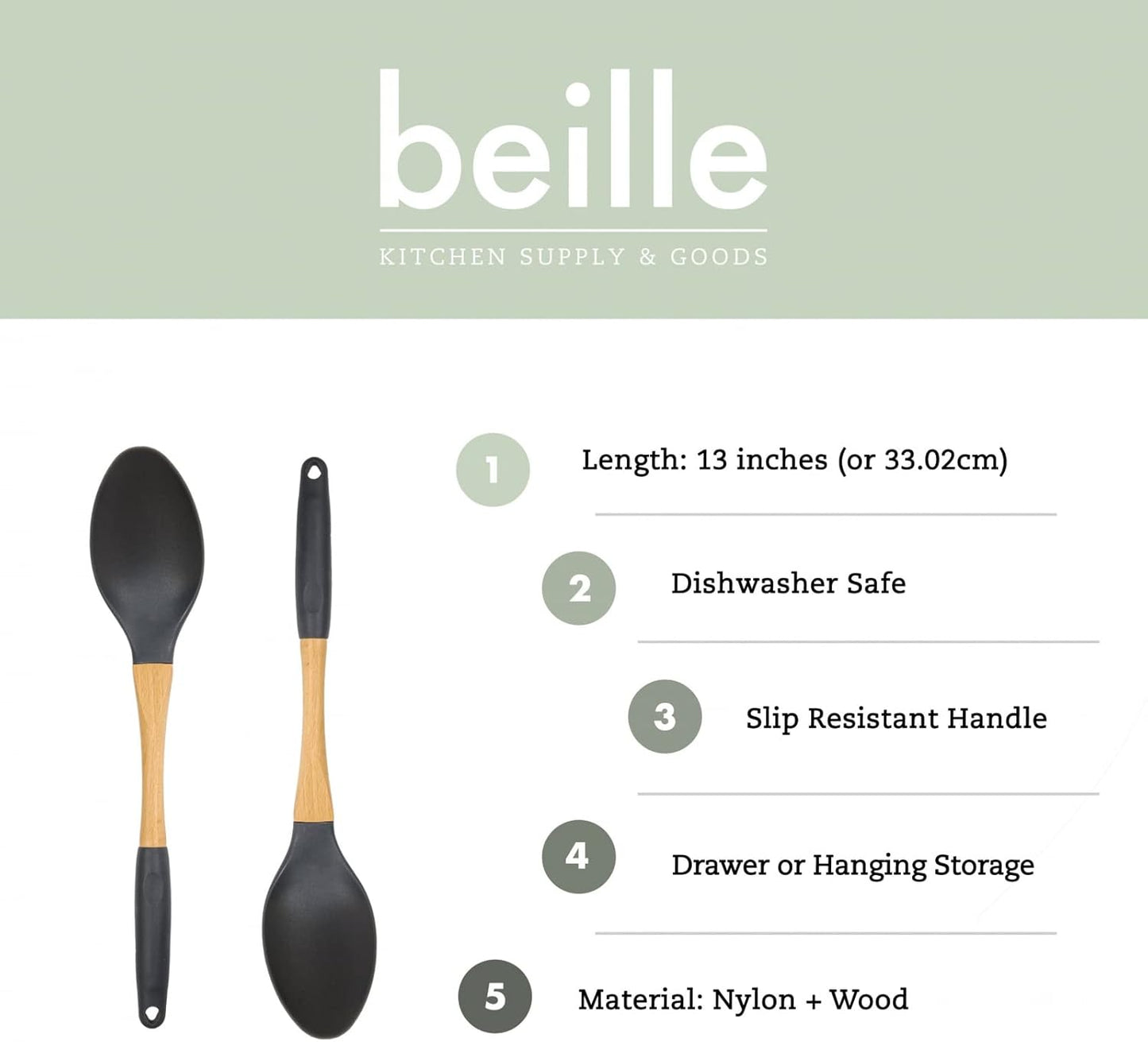 Beille Grey Nylon Spoon with Wooden Handle Kitchen Utensils High Heat Resistance, 13 Inch