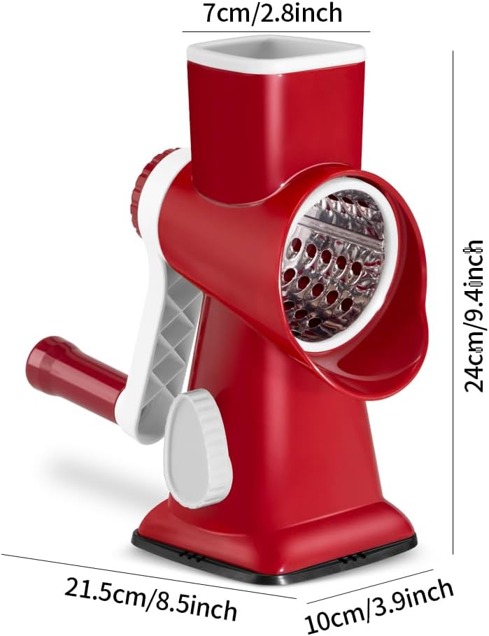 Cheese Grater Hand Crank Rotary Vegetables Shredder with Handle, 3-in-1 Graters with Interchangeable Blades and Strong Suction Base Multifunctional Slicer for Kitchen