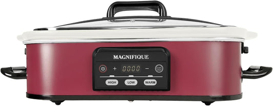 MAGNIFIQUE Small 4 Quart Casserole Programmable Slow Cooker with Ceramic Baking Dish - Perfect Kitchen Small Appliance for Family Dinners, Oven Safe and Durable Bakeware for Lasagna, Roasts (Red)