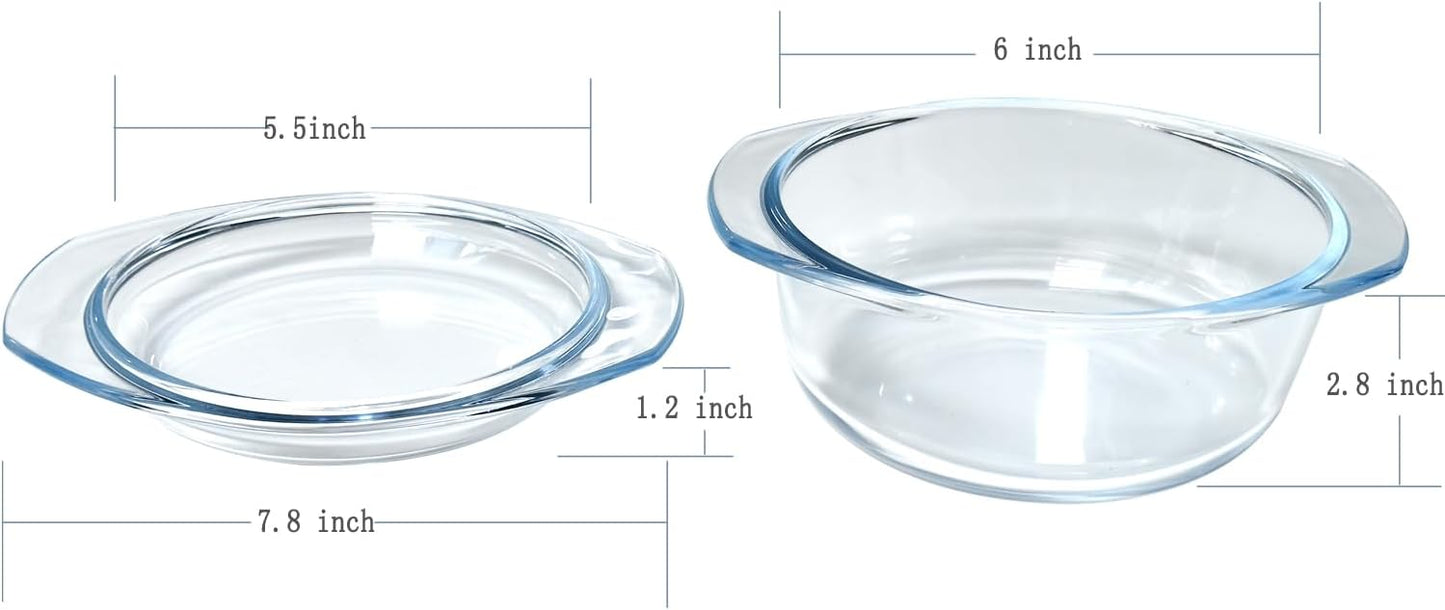 Small 1-QT Round Tempered Glass Casserole Dish with Lid, Mini Clear Glass Casserole Bowl with Glass Lid