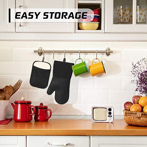 Silicone Kitchen Pot Holders with Pockets, 2 Pc Set Trivet, Steam and Heat Resistant Hand and Countertop Protection Hot Pads, Non-Slip Grip potholders, Terrycloth Interior Lining, Black