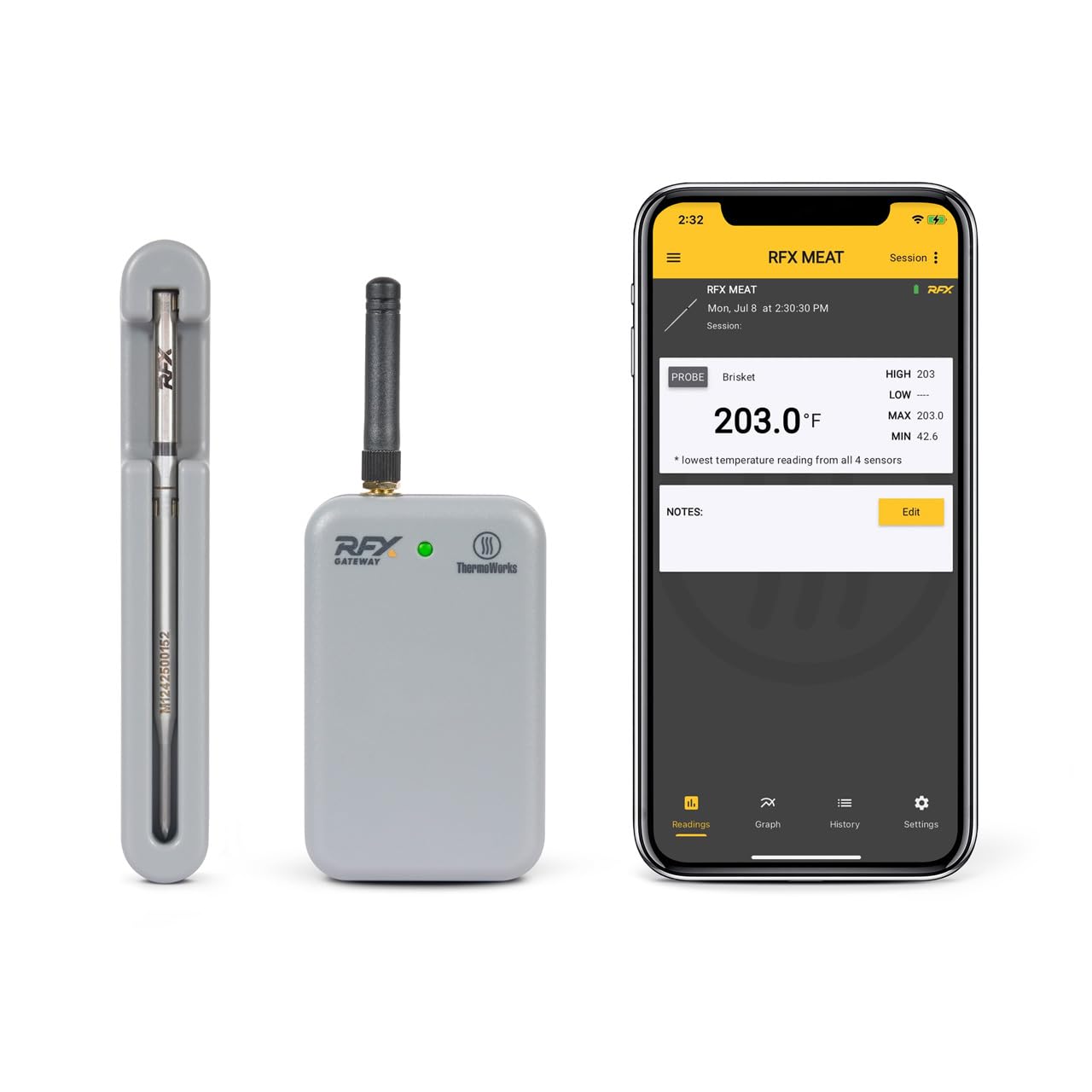 RFX | Smart Wireless Meat Thermometer | Wi-Fi & Radio Frequency | Stronger Signal Than Bluetooth | Meat Probe for Use in Smoker, Grill, BBQ, Oven - 1-Probe Kit