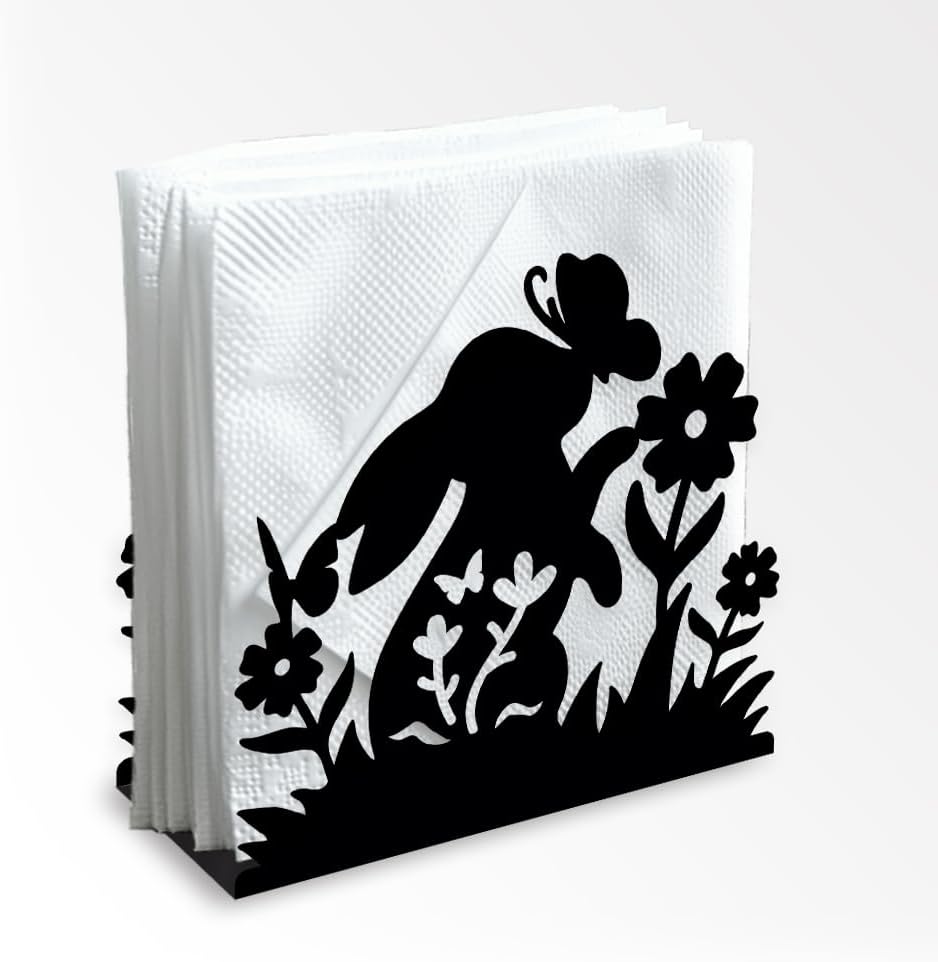 Rabbit Flower Decorative Black Metal Napkin Holder for Table, 5.3" x 4.9" x 1.9" Bunny Butterfly Animal Standing Napkin Holder for Home Kitchen Restaurant Picnic Party Coffee Bar Dining Room