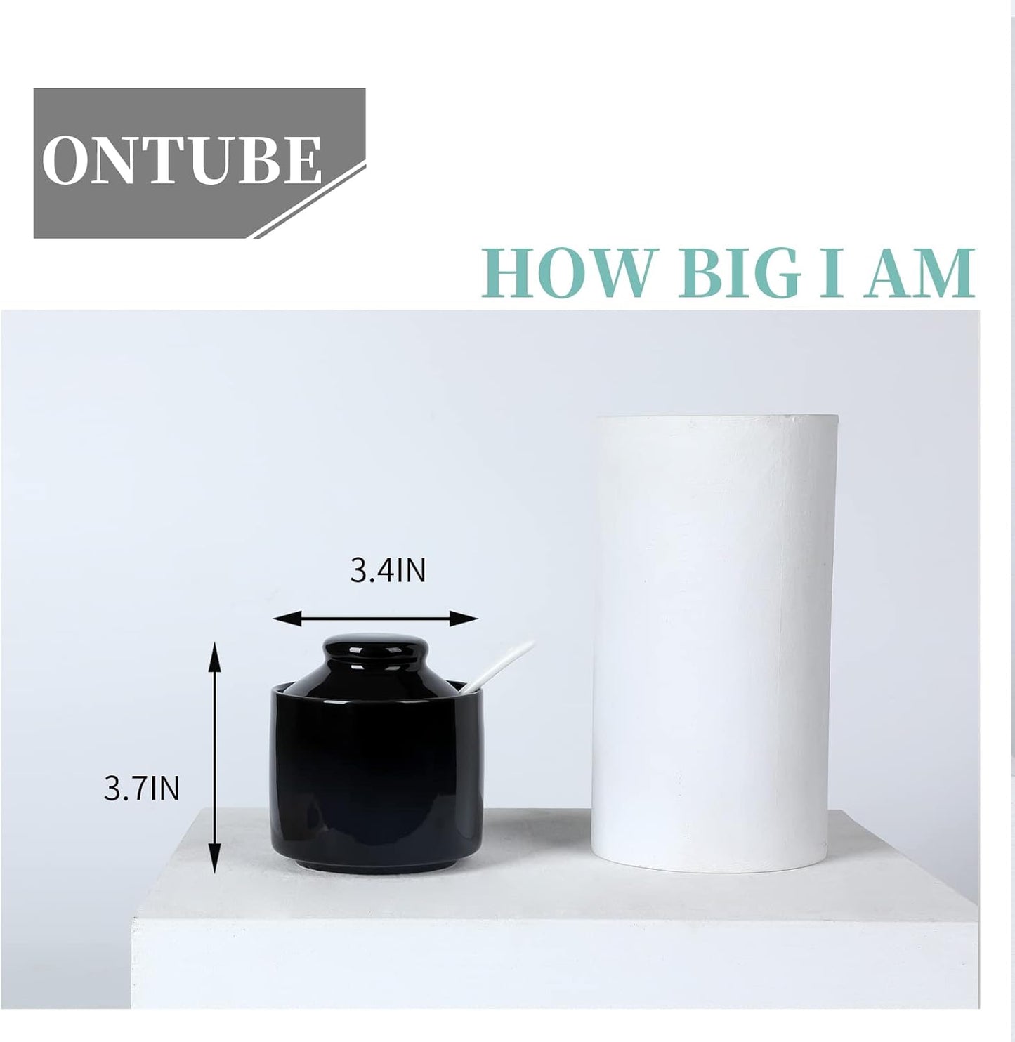 ONTUBE Ceramic Sugar Bowl with Lid and Spoon,Porcelain Seasoning Box Salt Bowl,8oz (Black)