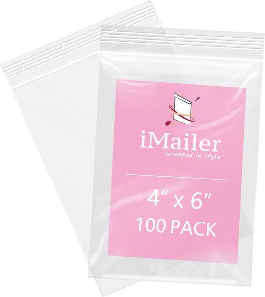 iMailer - 100 Pcs- 4" x 6" Clear Small Zip Bag - Reclosable Zip Plastic Poly Bags 2 Mil with Resealable Lock Seal Zipper for Photo, Jewelry, Bakery, Treats, Party Favors