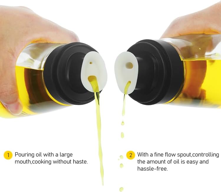 Small Glass Olive Oil and Vinegar Dispenser Bottles Set for Kitchen Cooking with Silicone Dual Pouring Spout, Soy Sauce Dispenser with Dust-proof Lid - Set of 2 (Black, 5.4 oz)