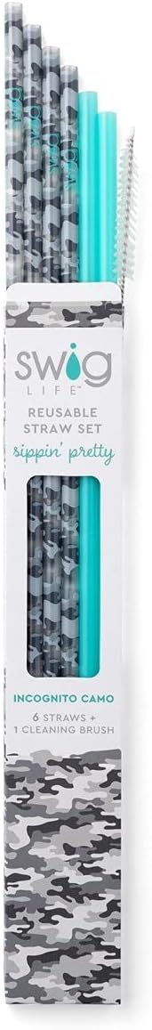 Swig Life Reusable Straws Incognito Camo + Aqua Tall Straw Set & Cleaning Brush, Each Straw is 10.25 inch Long (Fits Swig Life 20oz Tumblers, 22oz, and 32oz Tumblers)