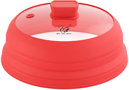 Microwave Splatter Cover Glass Splatter Guard Lid with Collapsible Silicone for Food Pot Plate Cover 10.8 inch Red