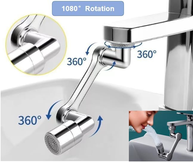 1080° Rotary Faucet Extender, Brass Sink Faucet Aerator Extension, Universal Rotary Multifunctional Robotic Arm Bathroom Faucet Extender, Adjustable, Suitable for Kitchen and Bathroom Faucets