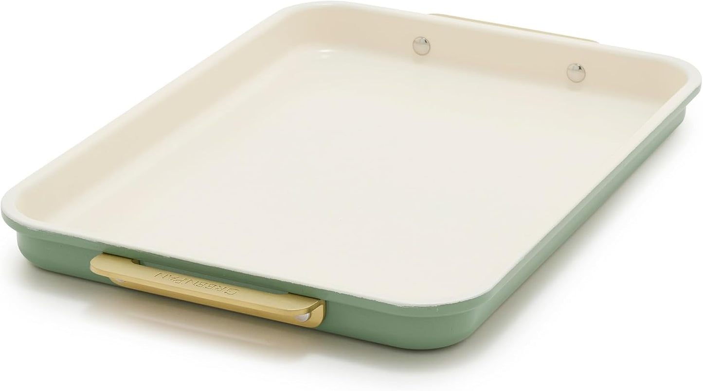 GreenPan Bakeware 13" x 9" Quarter Sheet Pan, Ceramic Nonstick Baking Pan, PFAS & BPA Free, Gold Handles, Durable Steel, Versatile & Space Saving Ovenware, Freezer to Oven Dish, Sage Green