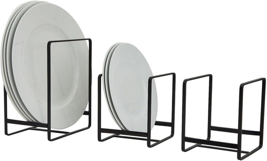 Juvale 3-Piece Kitchen Cabinet Organizer Shelf - Black Iron, 2 Sizes for 8" & 10" Plates - Cutting Board Organizer, Pot Lid & Paper Plate Holder