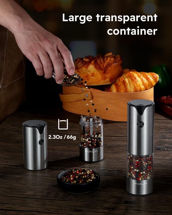 FORLIM Electric Salt and Pepper Grinder Set, USB Rechargeable, Automatic Salt Pepper Mill Grinder with Dust Cover, One-Button Control, Adjustable Coarseness, Warm LED Light (2 Packs, Stainless Steel)