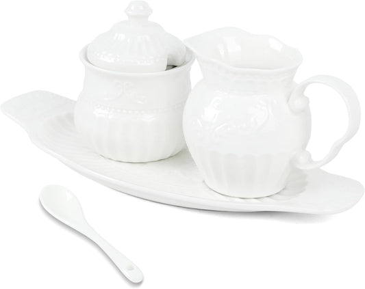 Ceramic Sugar and Creamer Set, Cream Pitcher Sugar Bowl with Lid and Spoon, Sugar and Creamer Container for Coffee Bar (4)