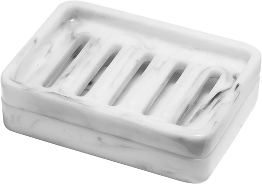 Shinowa Resin Soap Dish, Self-Draining Bar Soap Tray with Drainable Board, Dual Layer Sponge Holder for Bathroom Kitchen Shower Bathtub Sink Counter-top, Marble White