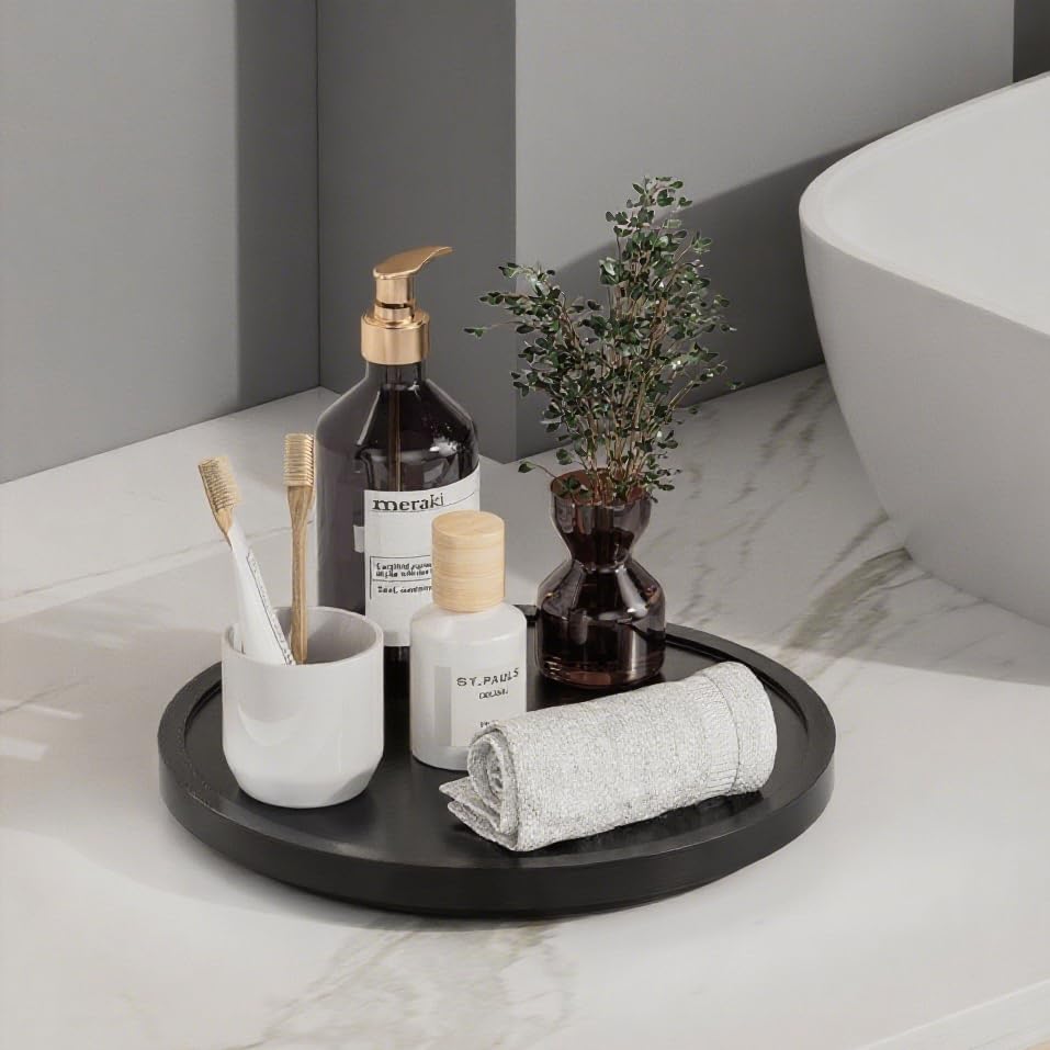 LAMU 12' Wood Lazy Susan Organizer Turntable for Cabinet, Lazy Susan for Table Top, Pantry, Kitchen, Bathroom, Countertop, Rotating Spice Organizer, Vanity Decor Tray, Pine Wood, Black