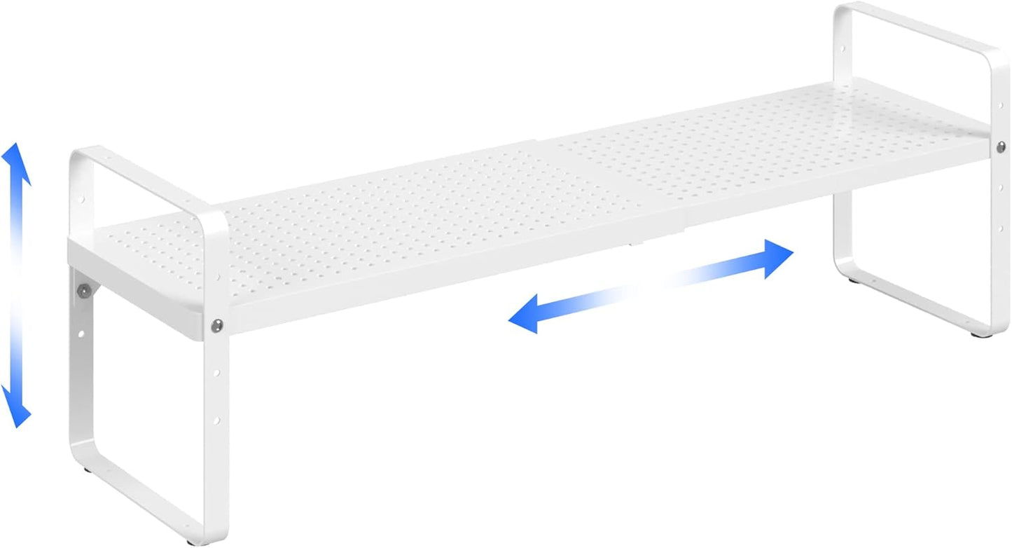 Expandable Cabinet Shelf Organizer Adjustable Metal Spice Rack Stackable Freestanding Counter Storage Shelves for Kitchen Cabinet Under Sink Office Desk (White - 1Pack - L16.5-27'' * W8'' * H9.6'')