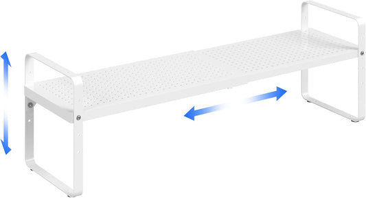 Expandable Cabinet Shelf Organizer Adjustable Metal Spice Rack Stackable Freestanding Counter Storage Shelves for Kitchen Cabinet Under Sink Office Desk (White - 1Pack - L16.5-27'' * W8'' * H9.6'')