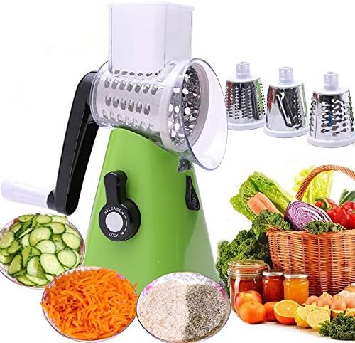 Manual Rotary Potato Grater Kitchen Mandoline Vegetable Slicer，with 3 Interchangeable Blades，Easy to use (Green)