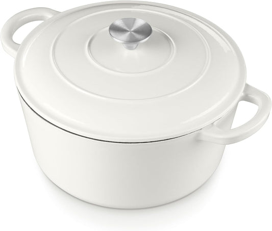 E-far 6 Quart Dutch Oven, Enameled Cast Iron Dutch Oven Pot with Lid, Nonstick Round Cookware for Braising/Stews/Roasting/Bread Baking/Cooking, Heavy Duty, Induction & Oven Safe - White