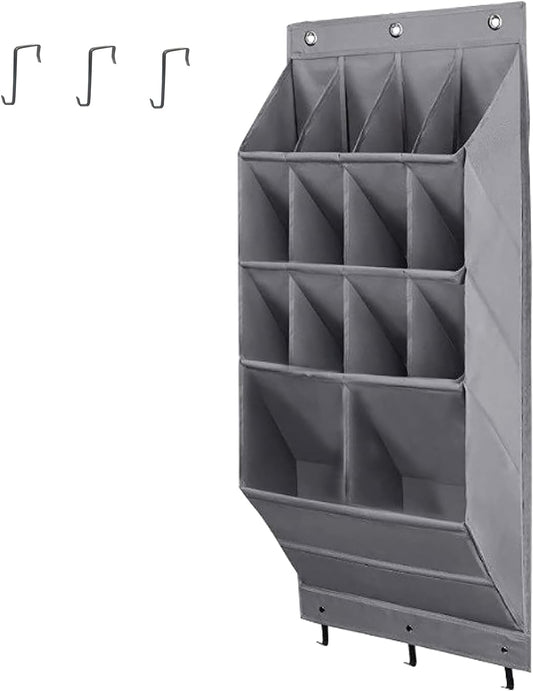 Over the Door Shoe Organizer, 14 Pockets Hanging Shoe Storage Rack with Large Deep Pockets, Oxford 600D Fabric Grey Shoe Storage Rack with 6 hook for Shoes, Slipper,Home Accessories etc