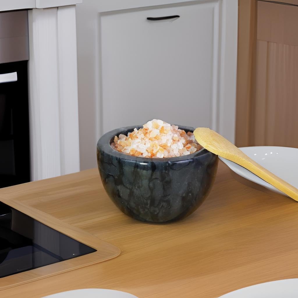 Marble Salt Cellar with Wood Lid, Natural Stone Salt box, Spice Bowl Salt Holder, Seasoning Keeper Pepper Jar, Salt Container for Countertop Kitchen