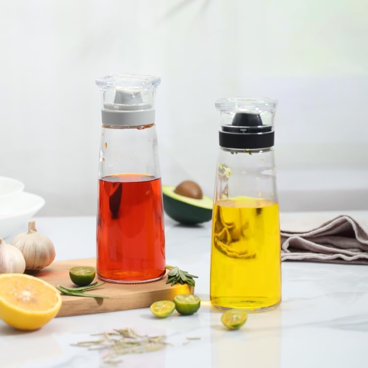 Glass Olive Oil and Vinegar Dispenser Bottles Set for Kitchen Cooking with Silicone Dual Pouring Spout, Soy Sauce Dispenser with Dust-proof Lid - Set of 2 (White, 5.4 oz)