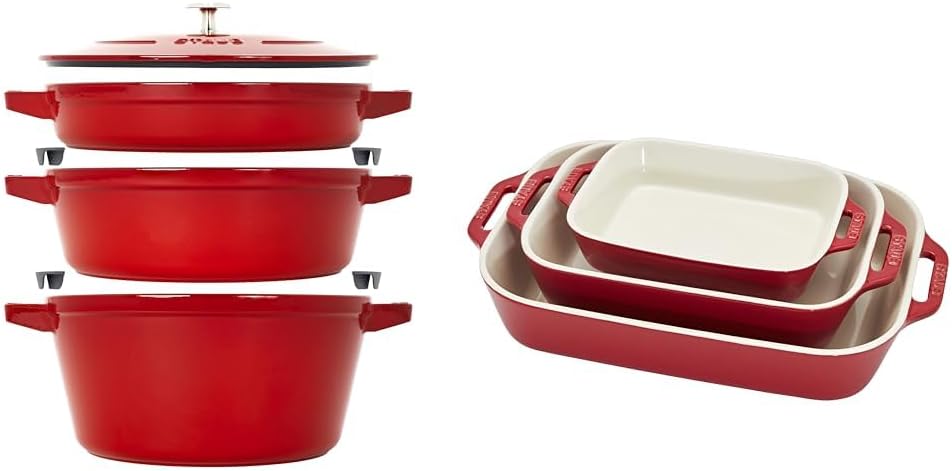 STAUB Cast Iron Set 4-pc, Stackable Space-Saving Cookware Set, Dutch Oven, Skillet, Grill Pan & Ceramic Baking Dish Set, 3pc, Cherry