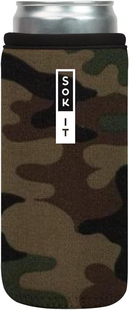 Sok It CanSok Sleeve for Beer & Soda Insulated Neoprene Cover (Green Camo, 12oz Slim Can Sleeve)