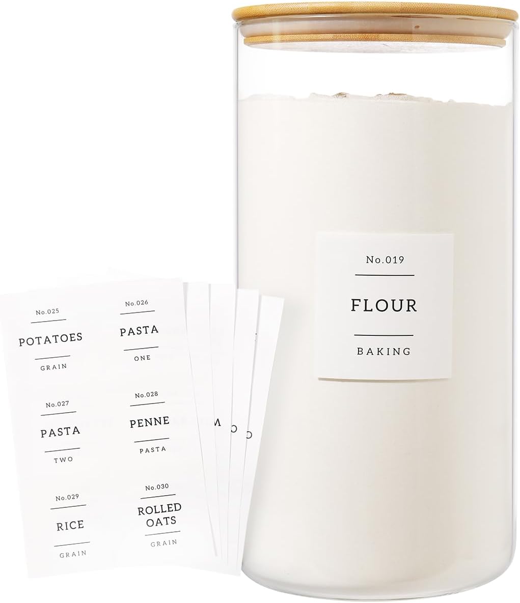 1.2 Gallon Large Glass Grain Storage Container With Airtight Bamboo Lid - Kitchen Glass Storage Jars With 42 Pantry Labels - Thicken Big Clear Rice and Flour Containers For Your Pantry